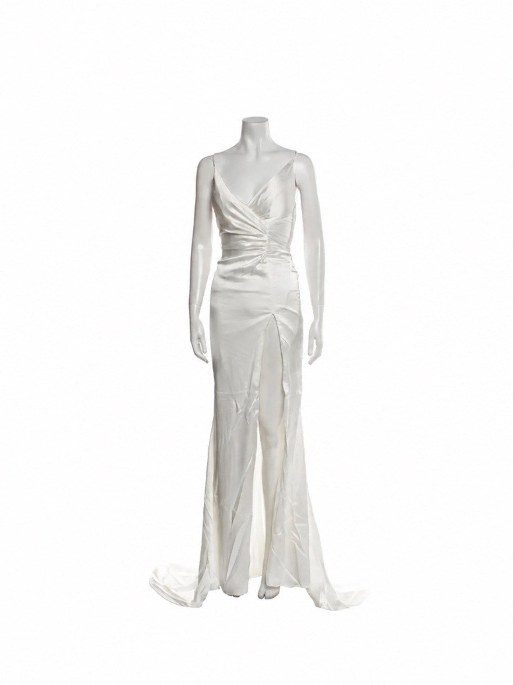 Portia and Scarlett Ivory Satin Ruched V-Neck Gown with Thigh Slit